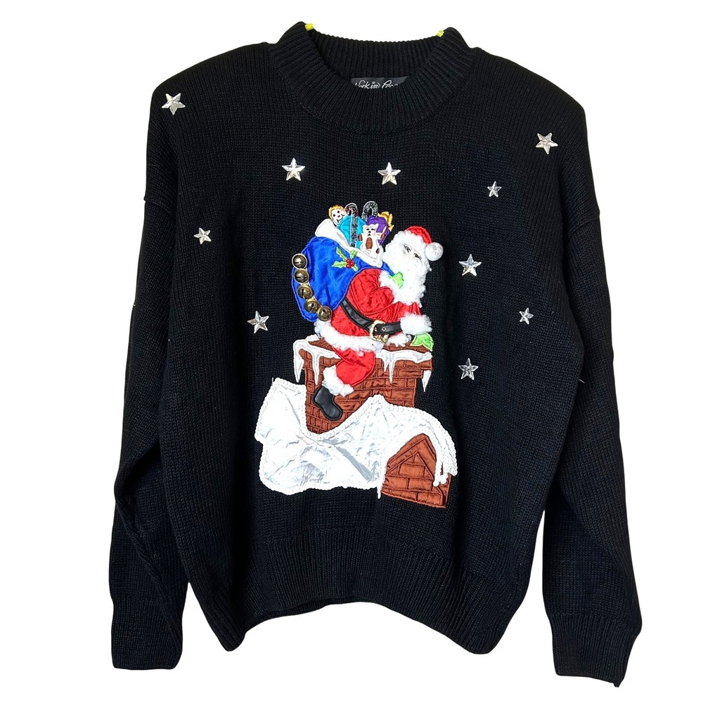 VTG Work in Progress 3D Santa Chimney 80s Christmas Sweater Black Medium NWT